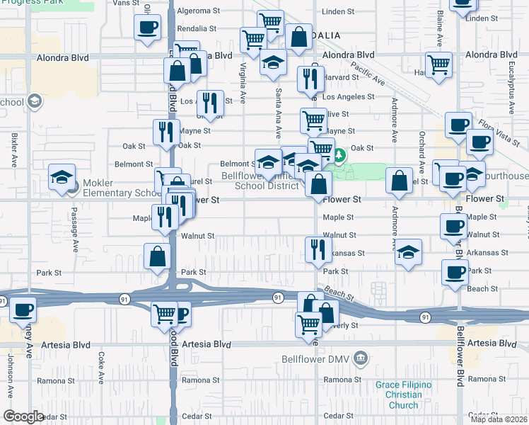 map of restaurants, bars, coffee shops, grocery stores, and more near 9238 Flower Street in Bellflower