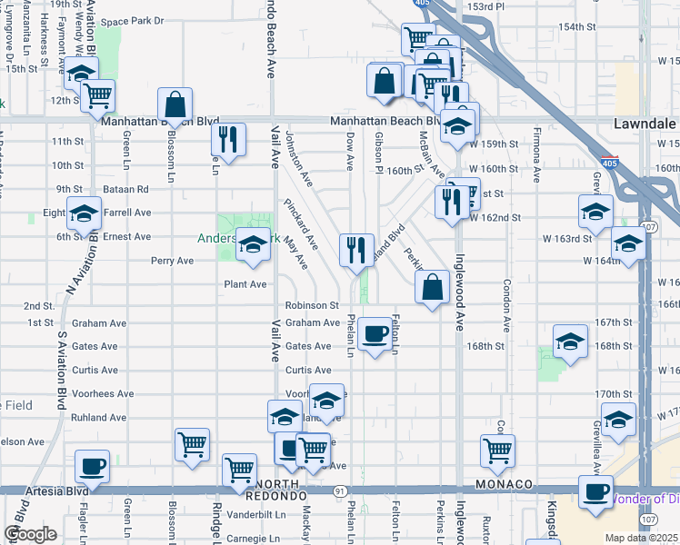 map of restaurants, bars, coffee shops, grocery stores, and more near 2814 Pinckard Avenue in Redondo Beach