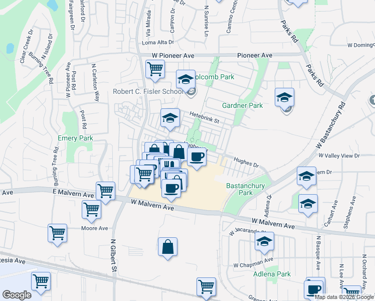 map of restaurants, bars, coffee shops, grocery stores, and more near 2128 Cittadin Drive in Fullerton