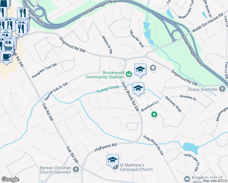 map of restaurants, bars, coffee shops, grocery stores, and more near 2755 Runnelwood Lane in Snellville