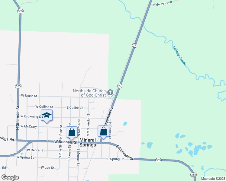 map of restaurants, bars, coffee shops, grocery stores, and more near 501 East North Street in Mineral Springs