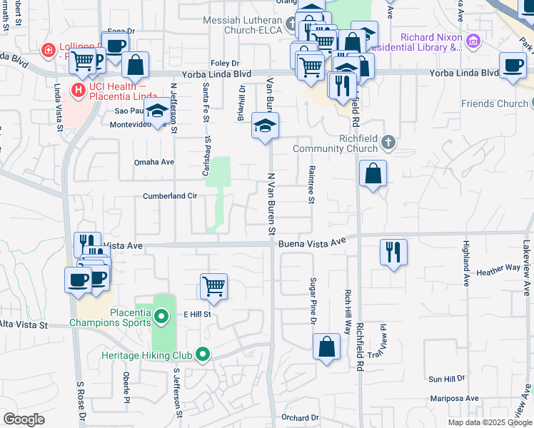 map of restaurants, bars, coffee shops, grocery stores, and more near 1001 North Van Buren Street in Placentia