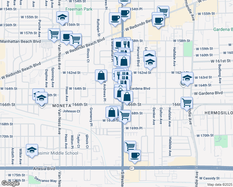 map of restaurants, bars, coffee shops, grocery stores, and more near 16418 South Manhattan Place in Gardena