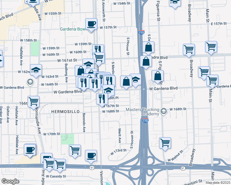 map of restaurants, bars, coffee shops, grocery stores, and more near 762 West Gardena Boulevard in Gardena