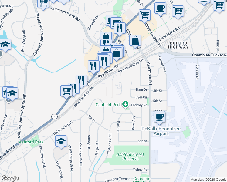map of restaurants, bars, coffee shops, grocery stores, and more near 3166 Quinn Place in Chamblee