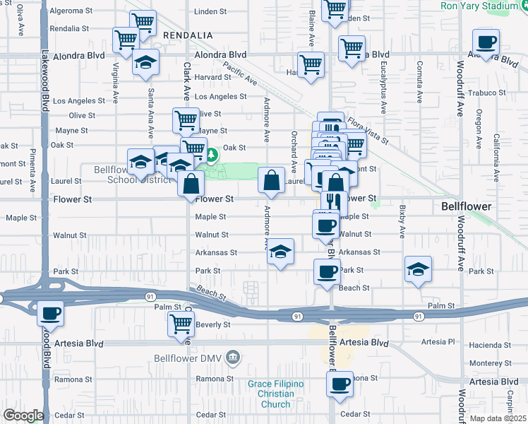 map of restaurants, bars, coffee shops, grocery stores, and more near 16821 Ardmore Avenue in Bellflower
