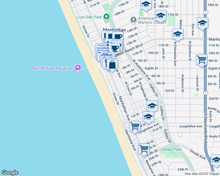 map of restaurants, bars, coffee shops, grocery stores, and more near 700 The Strand in Manhattan Beach