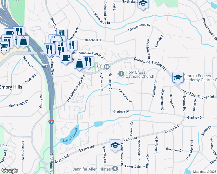 map of restaurants, bars, coffee shops, grocery stores, and more near 3160 Hathaway Court in Atlanta