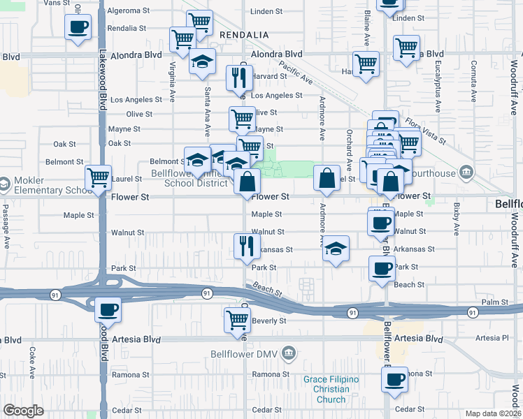 map of restaurants, bars, coffee shops, grocery stores, and more near 9429 Maple Street in Bellflower