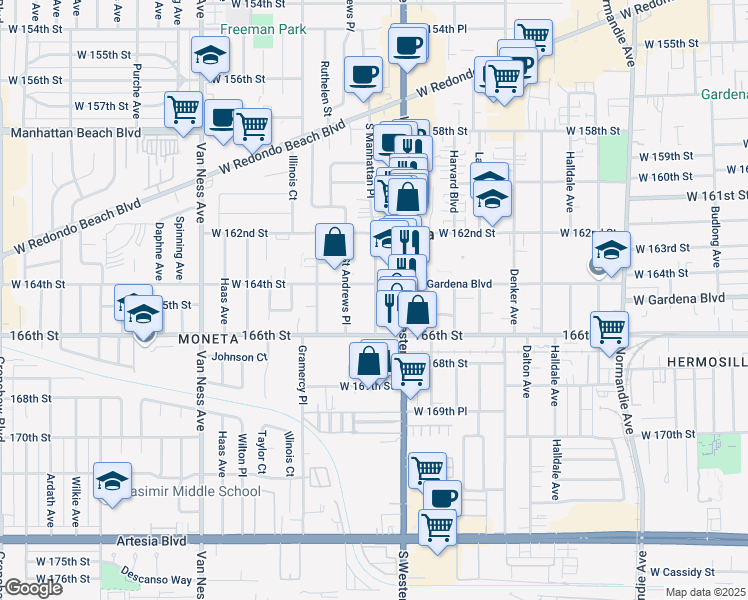map of restaurants, bars, coffee shops, grocery stores, and more near 16418 South Manhattan Place in Gardena