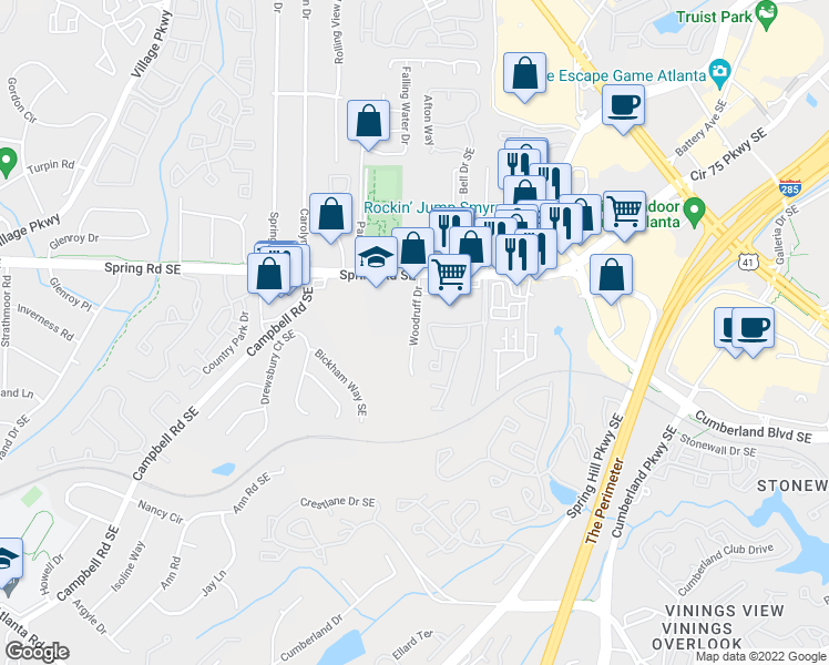 map of restaurants, bars, coffee shops, grocery stores, and more near Woodruff Drive in Smyrna