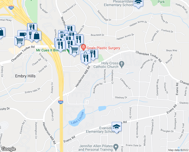 map of restaurants, bars, coffee shops, grocery stores, and more near 3301 Henderson Mill Road in Chamblee