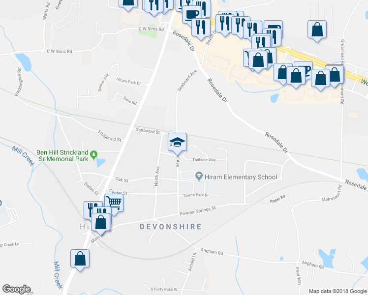 map of restaurants, bars, coffee shops, grocery stores, and more near 37 Trailside Circle in Hiram