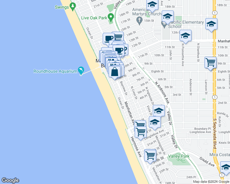 map of restaurants, bars, coffee shops, grocery stores, and more near 700 The Strand in Manhattan Beach
