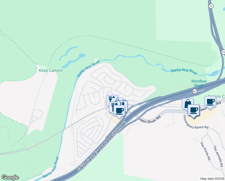 map of restaurants, bars, coffee shops, grocery stores, and more near 4631 Golden Ridge Drive in Corona