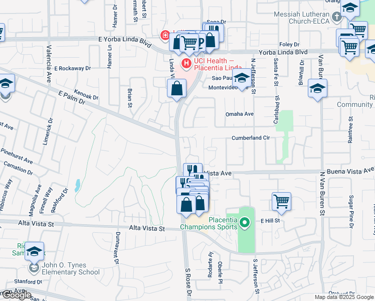 map of restaurants, bars, coffee shops, grocery stores, and more near 1130 Via Palma in Placentia