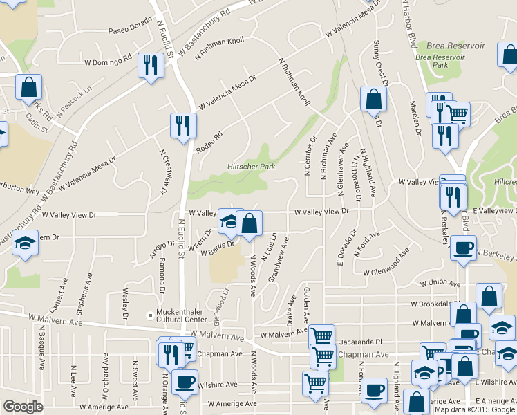 map of restaurants, bars, coffee shops, grocery stores, and more near 1017 North Woods Avenue in Fullerton