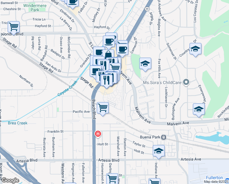 map of restaurants, bars, coffee shops, grocery stores, and more near 5448 River Way in Buena Park