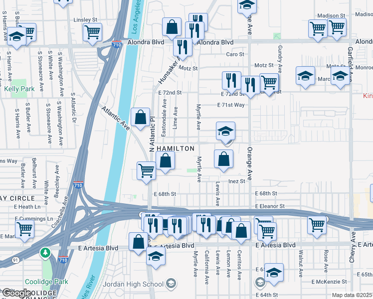 map of restaurants, bars, coffee shops, grocery stores, and more near in Long Beach