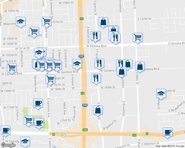 map of restaurants, bars, coffee shops, grocery stores, and more near 555 West Gardena Boulevard in Gardena