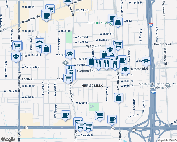 map of restaurants, bars, coffee shops, grocery stores, and more near 16409 Budlong Avenue in Gardena