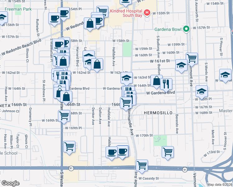 map of restaurants, bars, coffee shops, grocery stores, and more near 1452c West Gardena Boulevard in Gardena