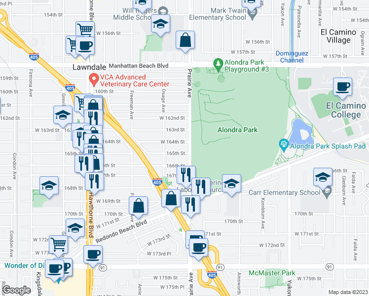 map of restaurants, bars, coffee shops, grocery stores, and more near in Lawndale