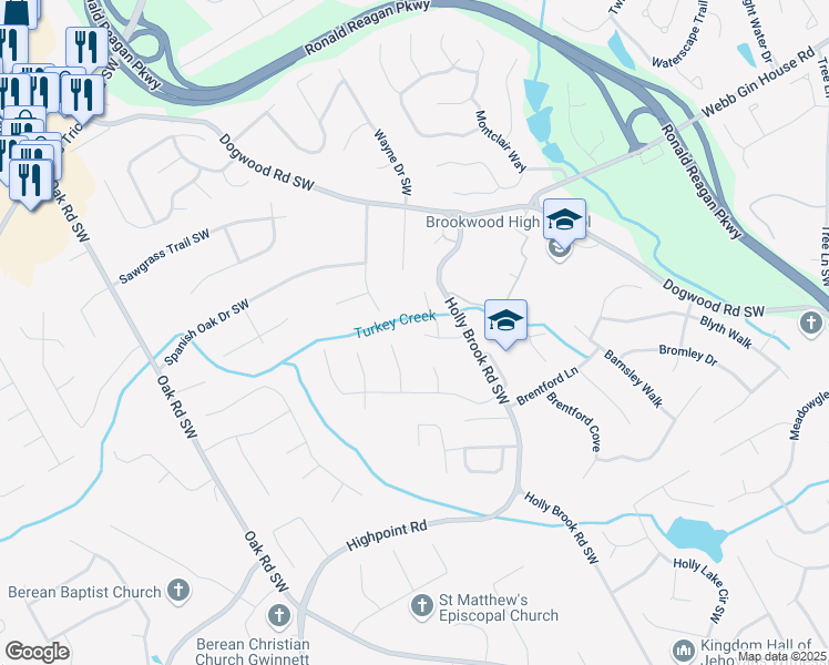 map of restaurants, bars, coffee shops, grocery stores, and more near 2755 Runnelwood Lane in Snellville