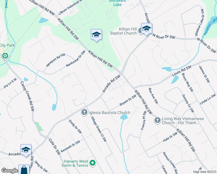 map of restaurants, bars, coffee shops, grocery stores, and more near 263 Windsong Lane Southwest in Lilburn