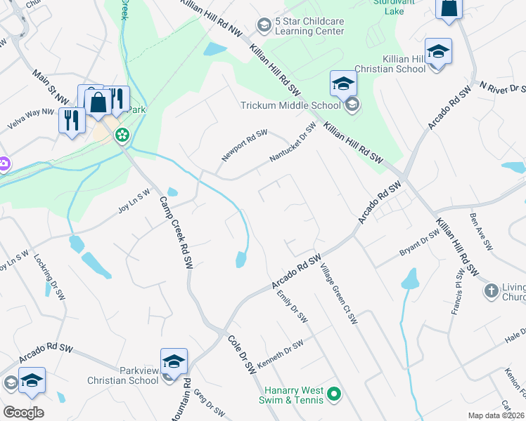 map of restaurants, bars, coffee shops, grocery stores, and more near 20 Village Green Court Southwest in Lilburn