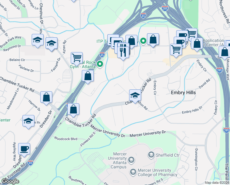 map of restaurants, bars, coffee shops, grocery stores, and more near 3222 Barkside Court in Chamblee