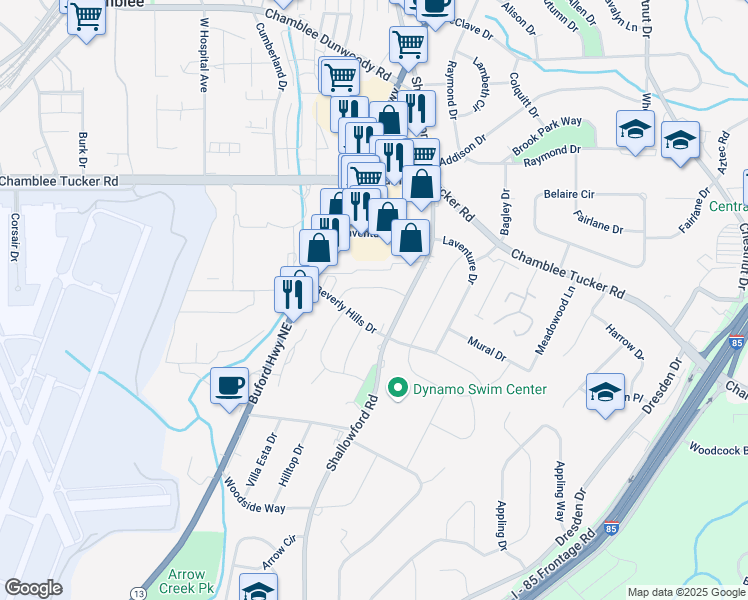 map of restaurants, bars, coffee shops, grocery stores, and more near 2485 Ortega Way in Chamblee