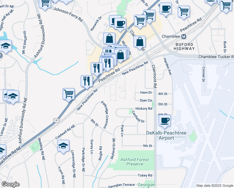 map of restaurants, bars, coffee shops, grocery stores, and more near 3158 Quinn Place in Chamblee