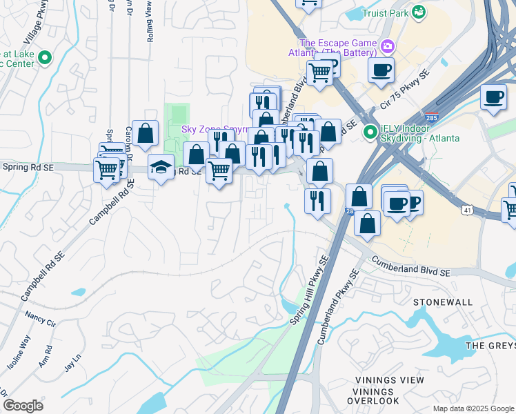 map of restaurants, bars, coffee shops, grocery stores, and more near 3103 Sports Avenue Southeast in Smyrna