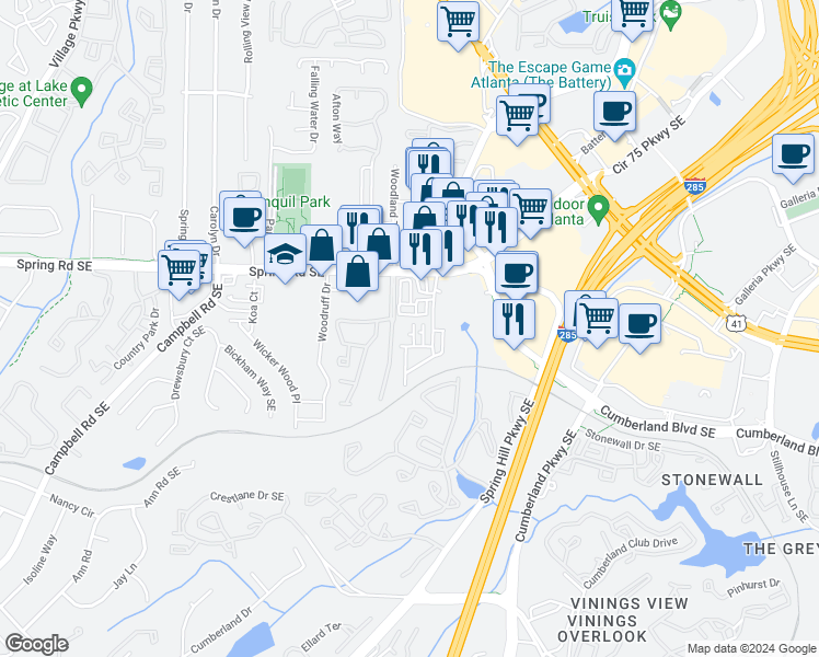 map of restaurants, bars, coffee shops, grocery stores, and more near 3103 Sports Avenue Southeast in Smyrna