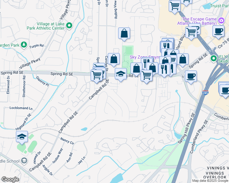 map of restaurants, bars, coffee shops, grocery stores, and more near 2374-2392 Spring Rd SE in Smyrna