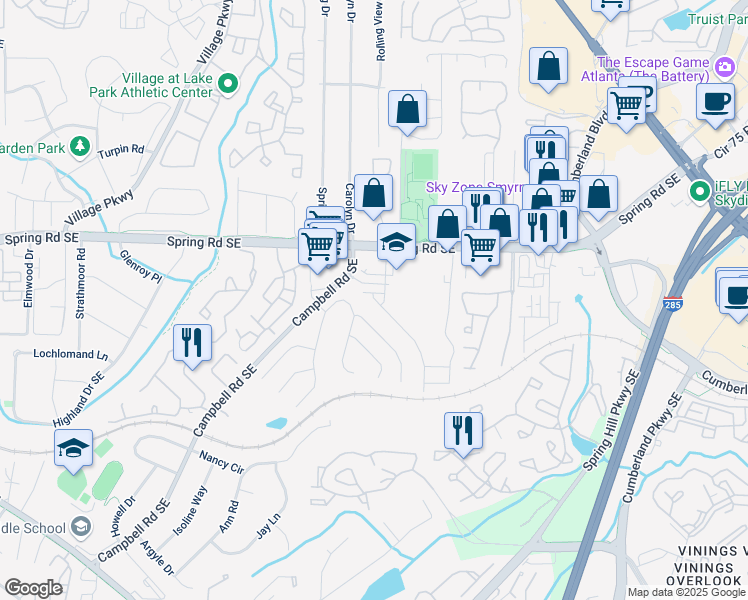map of restaurants, bars, coffee shops, grocery stores, and more near 1560 Wicker Wood Place in Smyrna