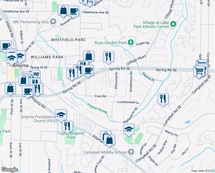 map of restaurants, bars, coffee shops, grocery stores, and more near 506 Spring Heights Lane in Smyrna