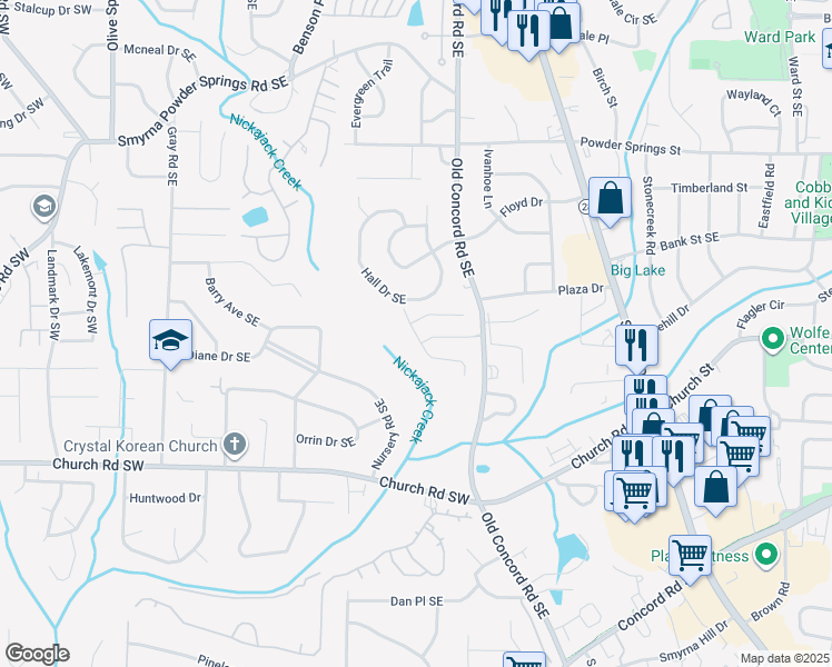 map of restaurants, bars, coffee shops, grocery stores, and more near 1212 Magnolia Way Southeast in Smyrna