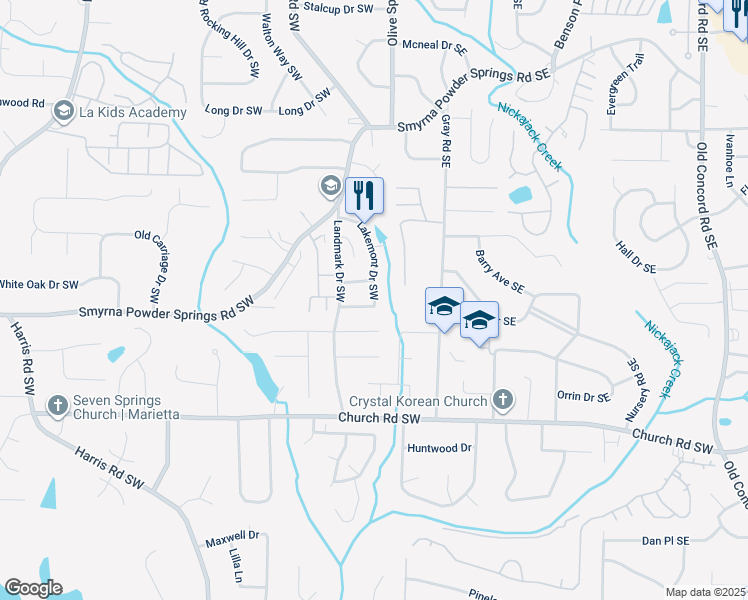 map of restaurants, bars, coffee shops, grocery stores, and more near 111 Jennifer Lane Southwest in Marietta
