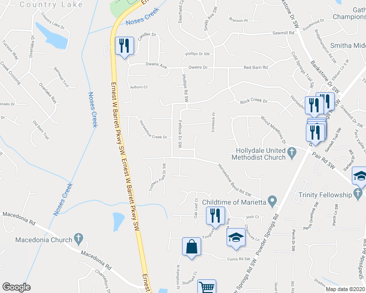 map of restaurants, bars, coffee shops, grocery stores, and more near 3011 Fetlock Drive Southwest in Marietta