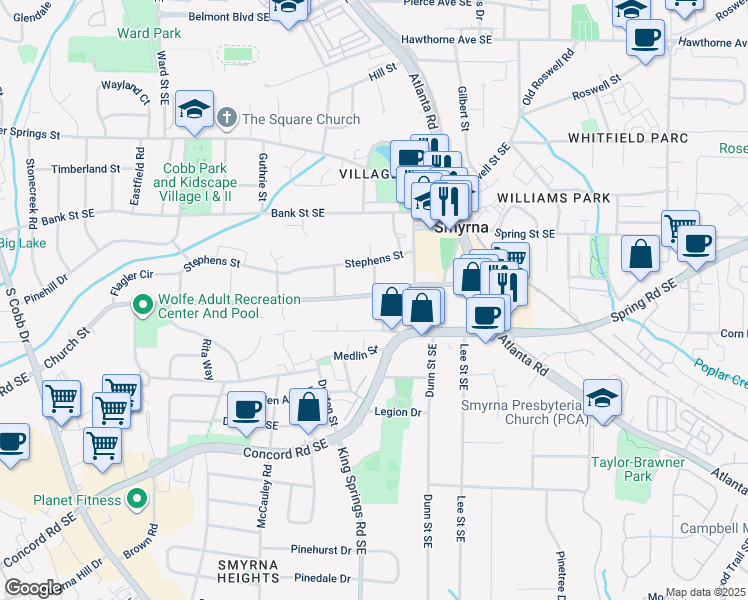 map of restaurants, bars, coffee shops, grocery stores, and more near 2954 Reed Street in Smyrna
