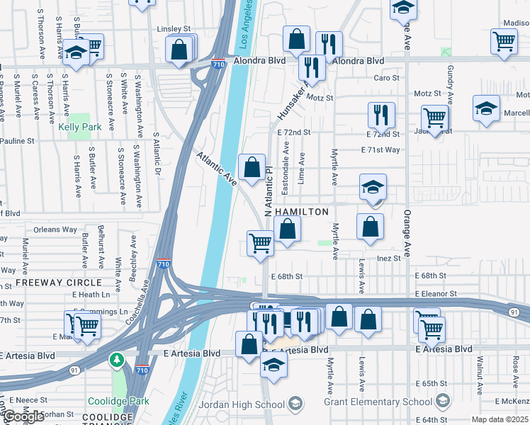 map of restaurants, bars, coffee shops, grocery stores, and more near 6959 North Atlantic Place in Long Beach