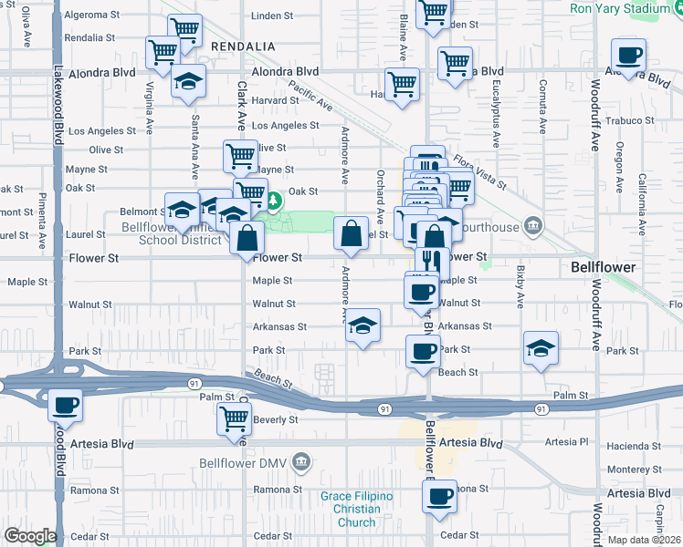 map of restaurants, bars, coffee shops, grocery stores, and more near 9566 Flower Street in Bellflower
