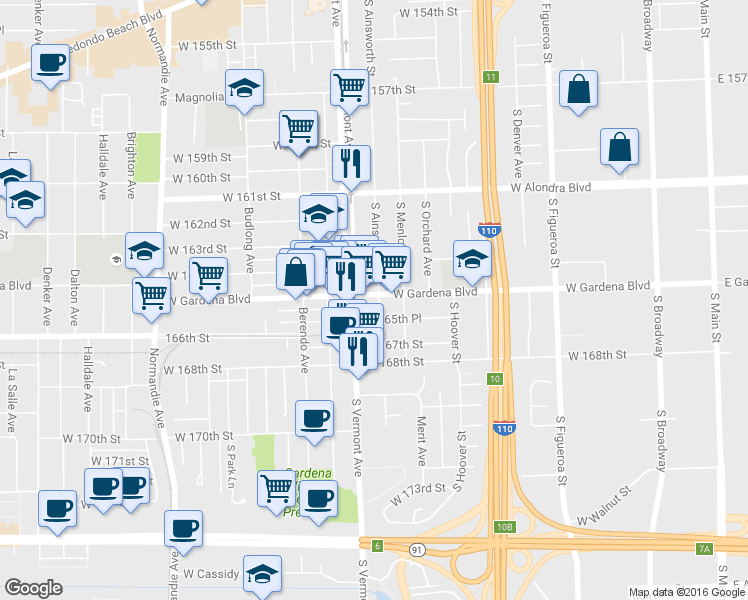 map of restaurants, bars, coffee shops, grocery stores, and more near 830 West Gardena Boulevard in Gardena