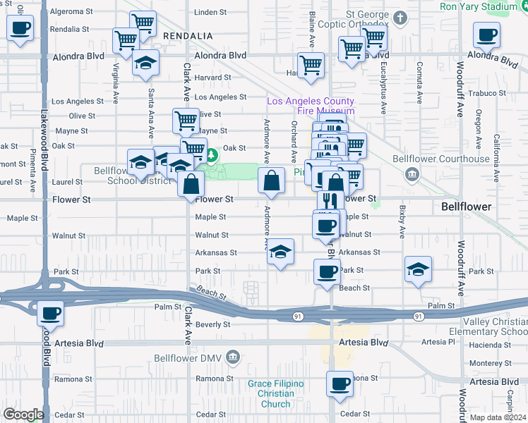 map of restaurants, bars, coffee shops, grocery stores, and more near 16821 Ardmore Avenue in Bellflower