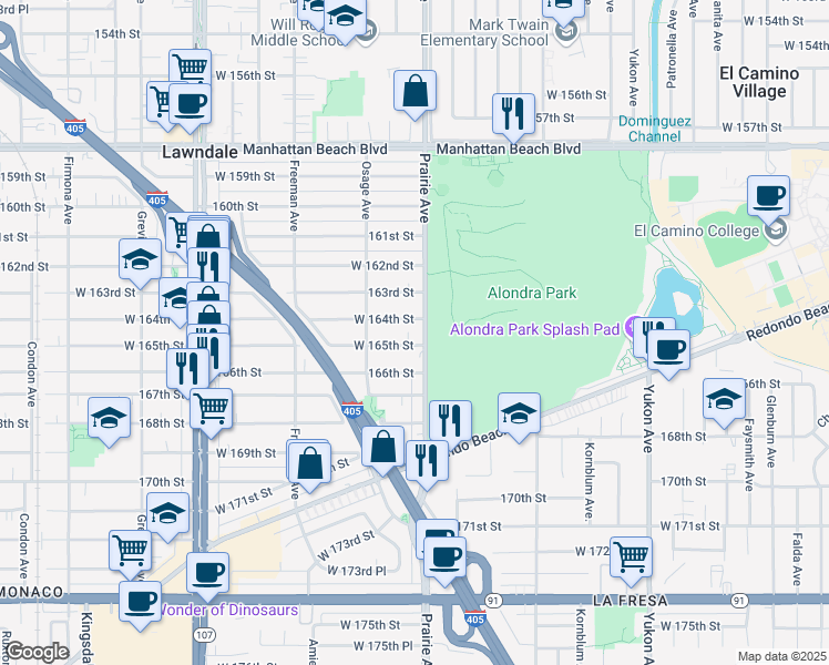 map of restaurants, bars, coffee shops, grocery stores, and more near 4001 West 165th Street in Lawndale