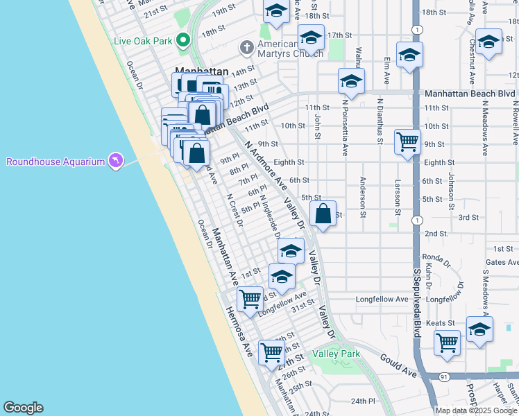 map of restaurants, bars, coffee shops, grocery stores, and more near 429 5th Street in Manhattan Beach
