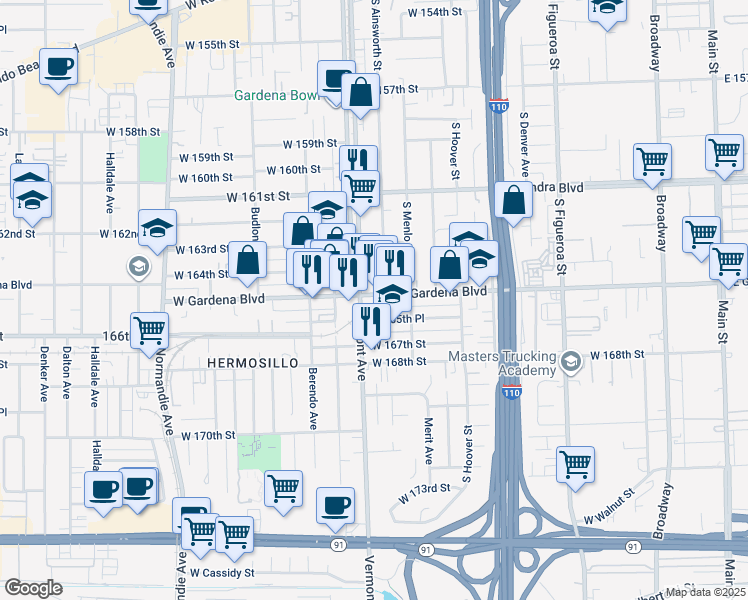 map of restaurants, bars, coffee shops, grocery stores, and more near 16420 South Ainsworth Street in Gardena