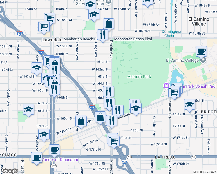 map of restaurants, bars, coffee shops, grocery stores, and more near in Lawndale